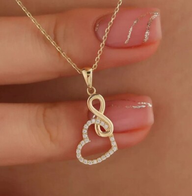 Round Lab Created Diamond Pretty Infinity Heart Pendant 14k Yellow Gold Plated