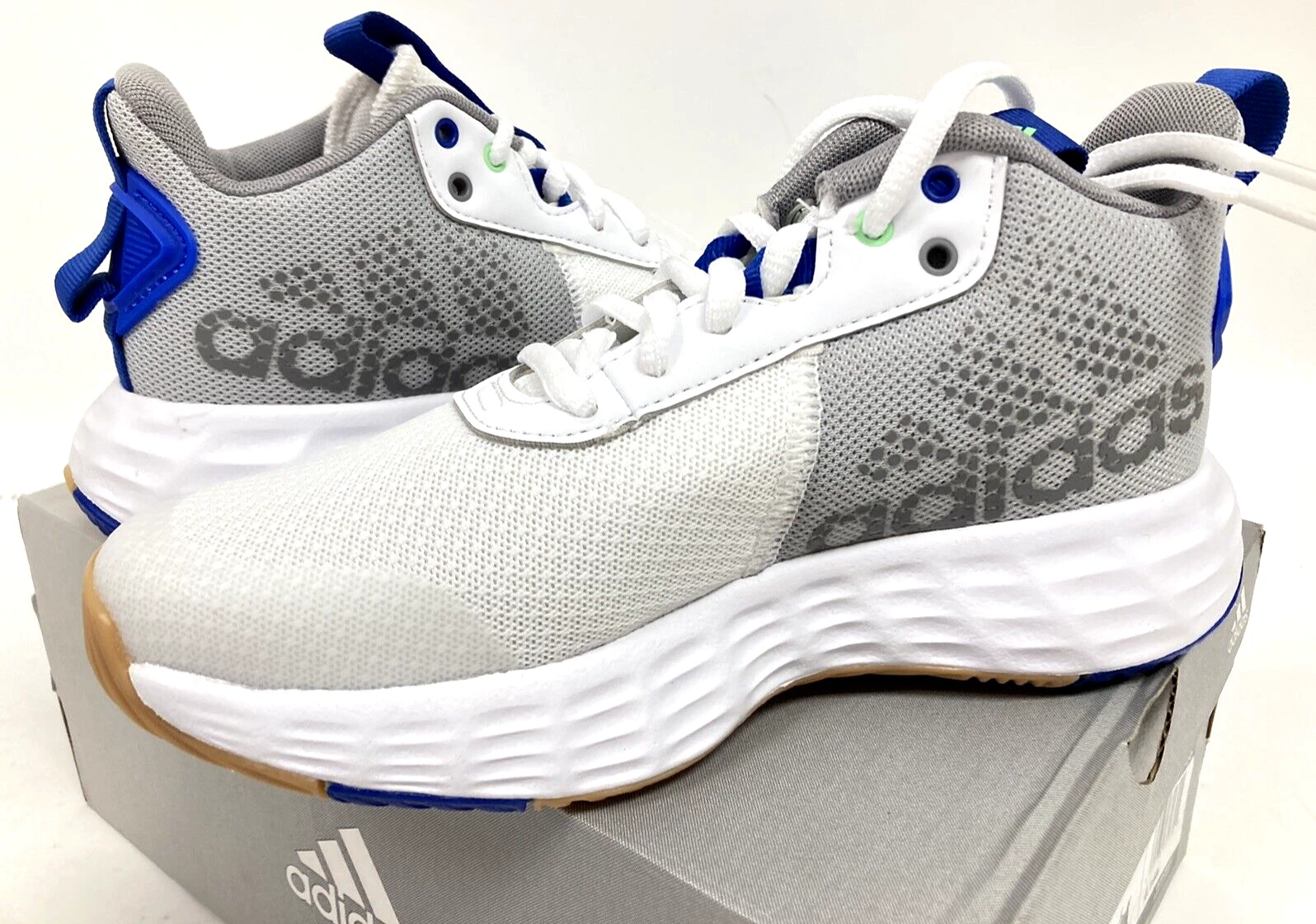 Nuove scarpe da basket Adidas OwnTheGame 2.0 K unisex per bambini bianco grigio taglia USA 2