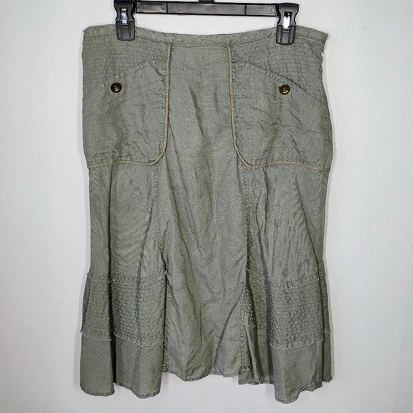 Intuitions Y2K Linen Skirt Womens 8 Army Green Knee Length Military Grunge