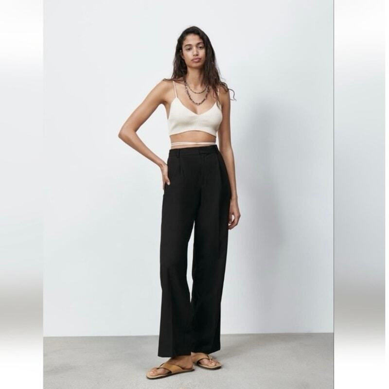 Zara High Rise Pleated Wide Leg Black Trousers size Large | eBay