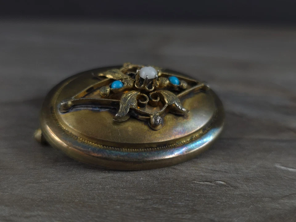 Brosche vergoldet Achat Türkis antik floral - nostalgisch schön & zeitlos - Bild 3 von 4