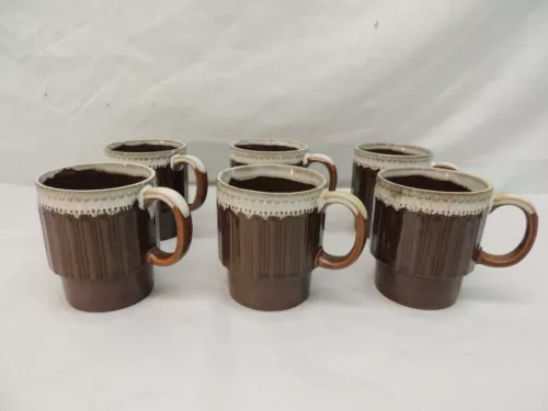 VINTAGE LOT OF 6 BROWN WHITE DRIP GLAZED COFFEE CUPS JAPAN