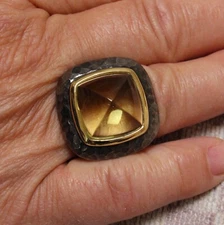 NEW DAVID YURMAN HUGE HAMMERED STERLING ALBION RING WITH CITRINE & 18K GOLD 