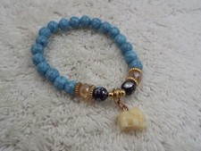 Goldtone Blue Bead Elephant Charm Stretch Bracelet C27 