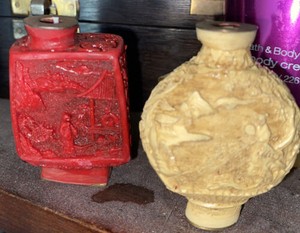 Lot Of 2 Antique Chinese Snuff ?? Insense?? bottle carved stone Unknown LOOK red