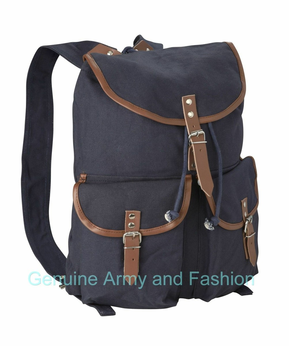 Canvas Backpack Army Military Style Vintage Rucksack Daysack Leather Strap  Bag