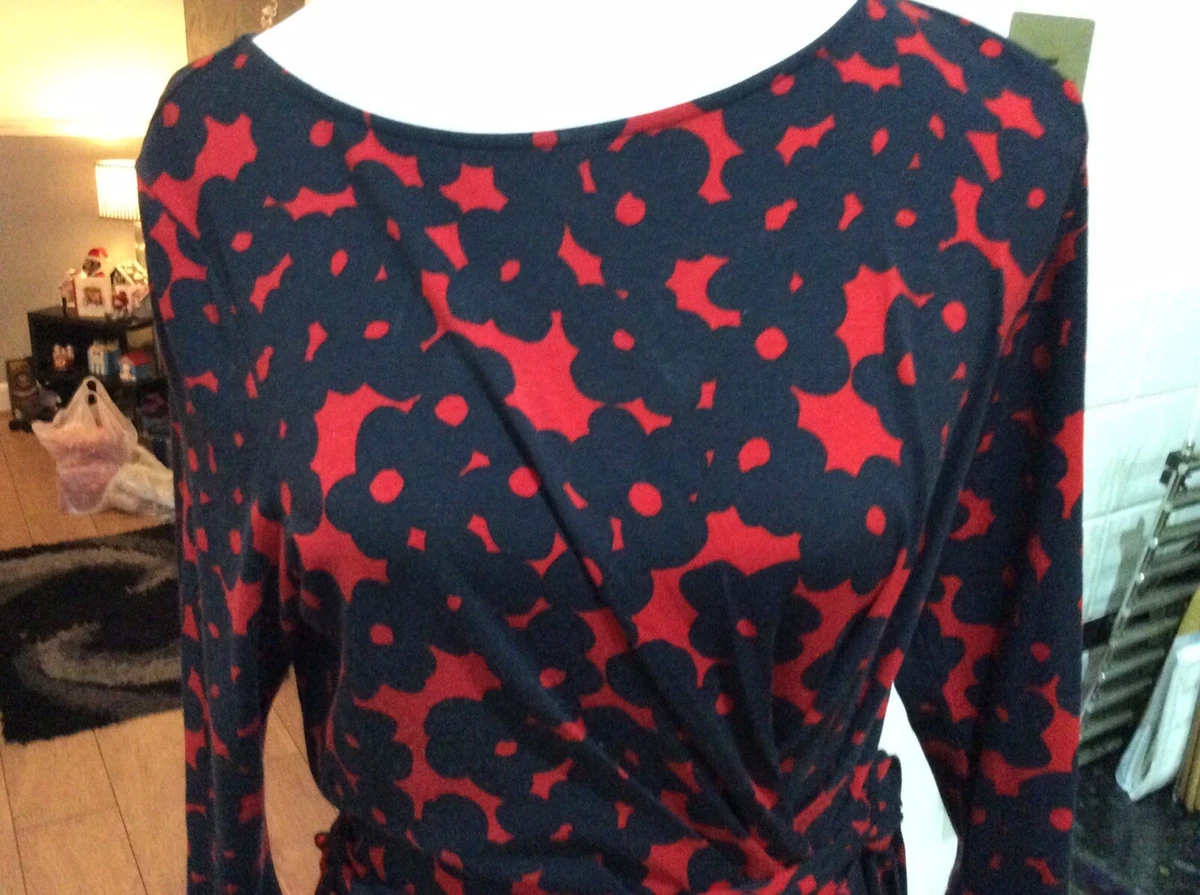 Hobbs Red Navy Alena Viscose Stretch Dress Size 14 Excel Hols