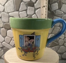 Large MARY ENGELBREIT COFFE MUG/ PLANTER, BLUE, YELLOW, GREEN 1999