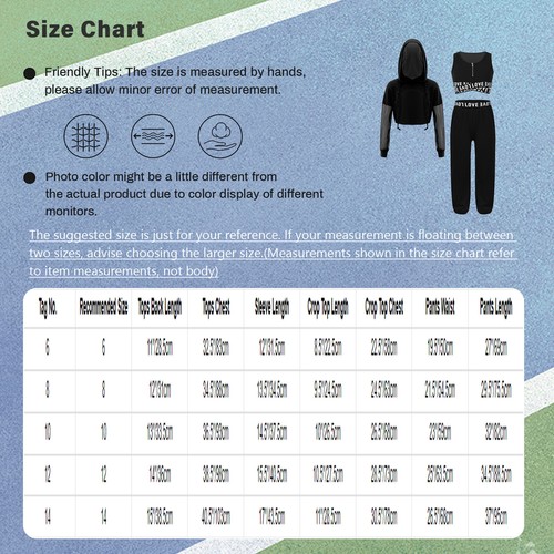 Girls 3 Piece Outfits Crop Tank Top Sweatpants Long Sleeve Hoodie Dance Workout - Picture 13 of 48