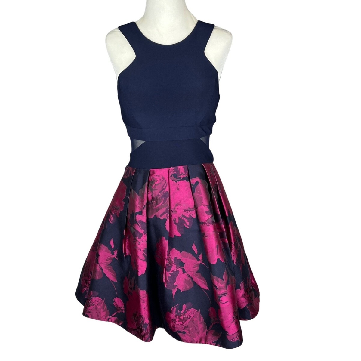 green emerald velvet dress XSCAPE Womens Floral Sleeveless Halter Mini Formal Fit + Flare Dress –  Bobbi + Bricka main image 1