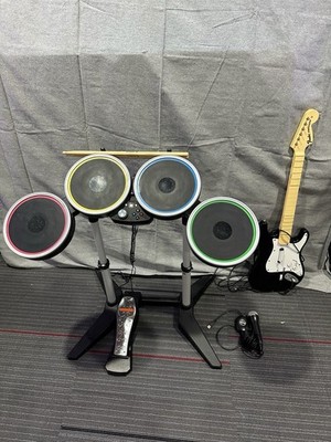 Harmonix Rock Band Xbox 360 Drum Kit + Guitar + Mic COMPLETE BUNDLE TESTED WORKS