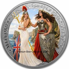 2019 Germania Allegories "Britannia & Germania 1 Ounce Silver Colorized Coin!