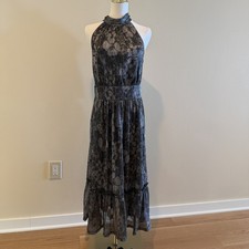 Michael Kors Midi Halter Dress Black Silver Metallic Size Small Ruffle Floral