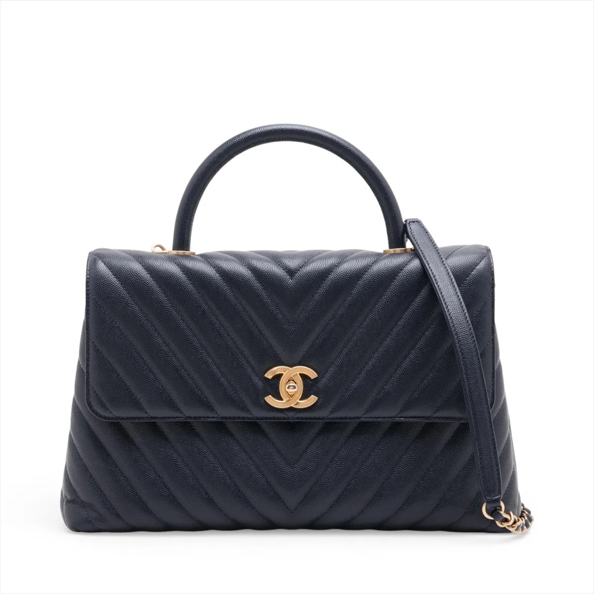 Chanel Coco handle 33 M Caviar Skin 2 Way Handbag Chevron Navy Blue Gold Metal F