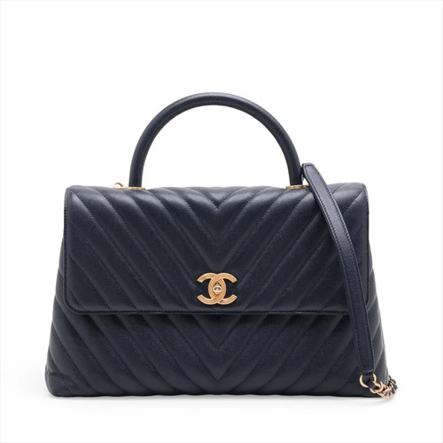 Chanel Coco handle 33 M Caviar Skin 2 Way Handbag Chevron Navy Blue Gold Metal F