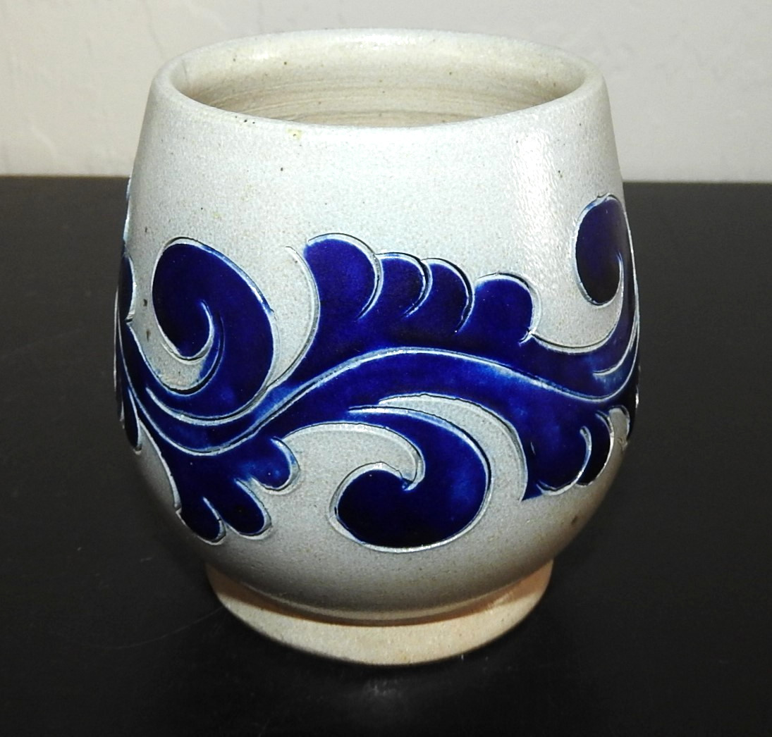 Vintage Handarbeit German Salt Glaze Pottery Coffee Mug Cobalt Blue Scroll