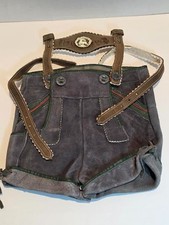 VTG Boys Gray Suede German Lederhosen Green Trim Red Accents Suspenders