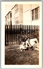 Vtg B&W Snapshot Man And Baby In Yard By Picket Fence & Large Apartments 1940s