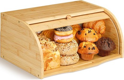 Bambus Brotkasten für Küchenarbeitsplatte - Große Holz Lebensmittel Aufbewahrung mit Rollen... 