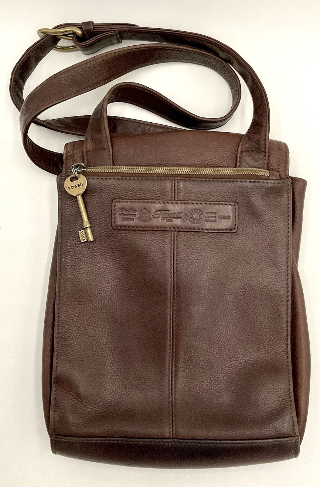 Vintage Fossil Brown Pebbled Leather Crossbody Purse Key Adjustable Strap 75082