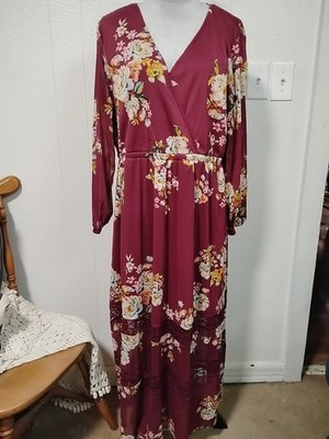 Whimsical Burgundy Lace Chiffon Floral Maxi Dress Size 2X Boutique Plus Boho  | eBay