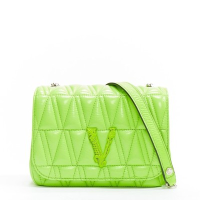 VERSACE Virtus bright green V quilted patent leather crossbody flap bag