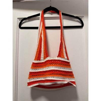 Akira Orange White Striped Crochet Halter Top Womens Medium Boho Knit Crop Top