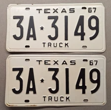 🐾 1967 TEXAS "TRUCK" LICENSE PLATE PAIR (3A-3149)