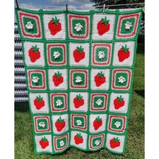 Handmade Crochet Strawberry Granny Square Blanket 46x70 Afghan Throw Grannycore