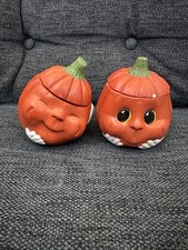 2 VTG Halloween candy pumpkin lidded ceramic decor dish bowl anthropomorphic