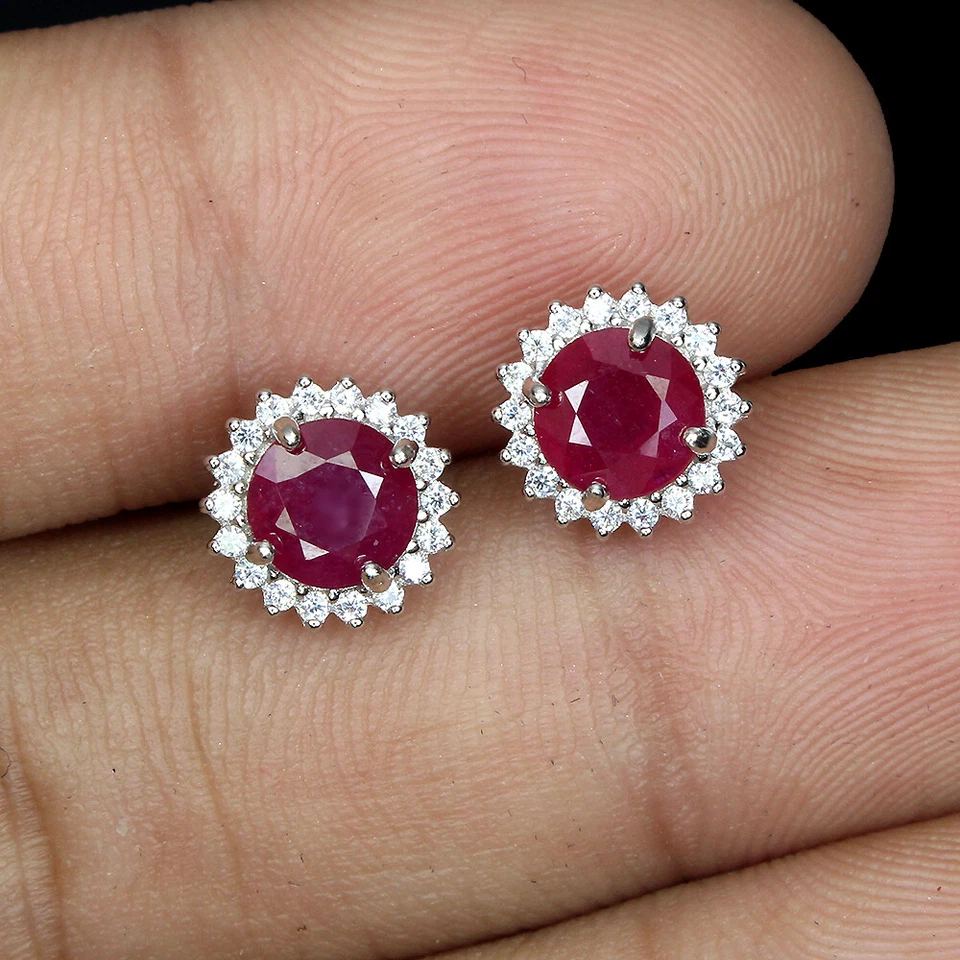 925 Sterling Silber Ohrringe Runde Rubin 6Mm Simulierte Cz Edelstein Schmuck - Bild 2 von 4