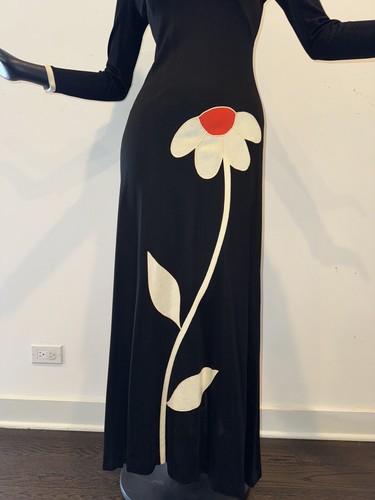 Vtg Sz S XS 60s 70s Maxi Dress Flower Power Appliqué Polyester Jersey Black MOD - Picture 2 of 7