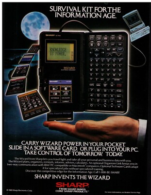 1989 Sharp ''The Wizard'' Survival Kit For The Info Age'' Vintage Print Advert.