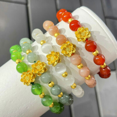 1pcs Pure 999 24K Yellow Gold Women 3D Lucky Lotus Bracelet