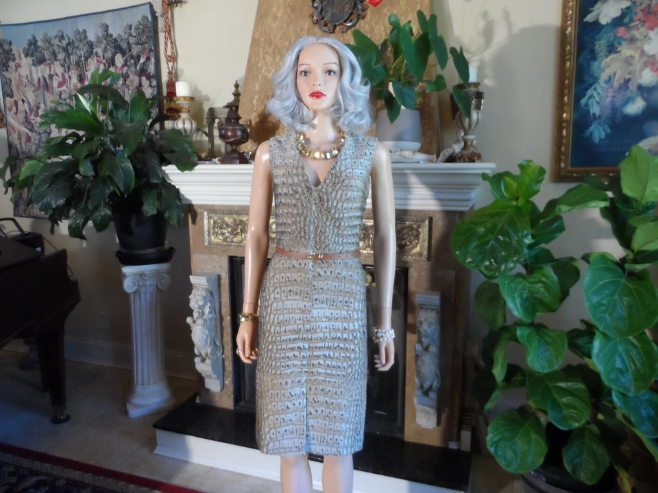 Vestido Stella McCartney Beige Multi Cocodrilo Estampado Jacquard Cuello en V Línea A Talla 40-4 Foto 4 de 4