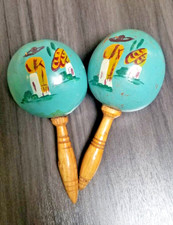 VTG Hand Painted Maracas Mexico Wood Blue Green Man in Sombrero 6 Inch Pair