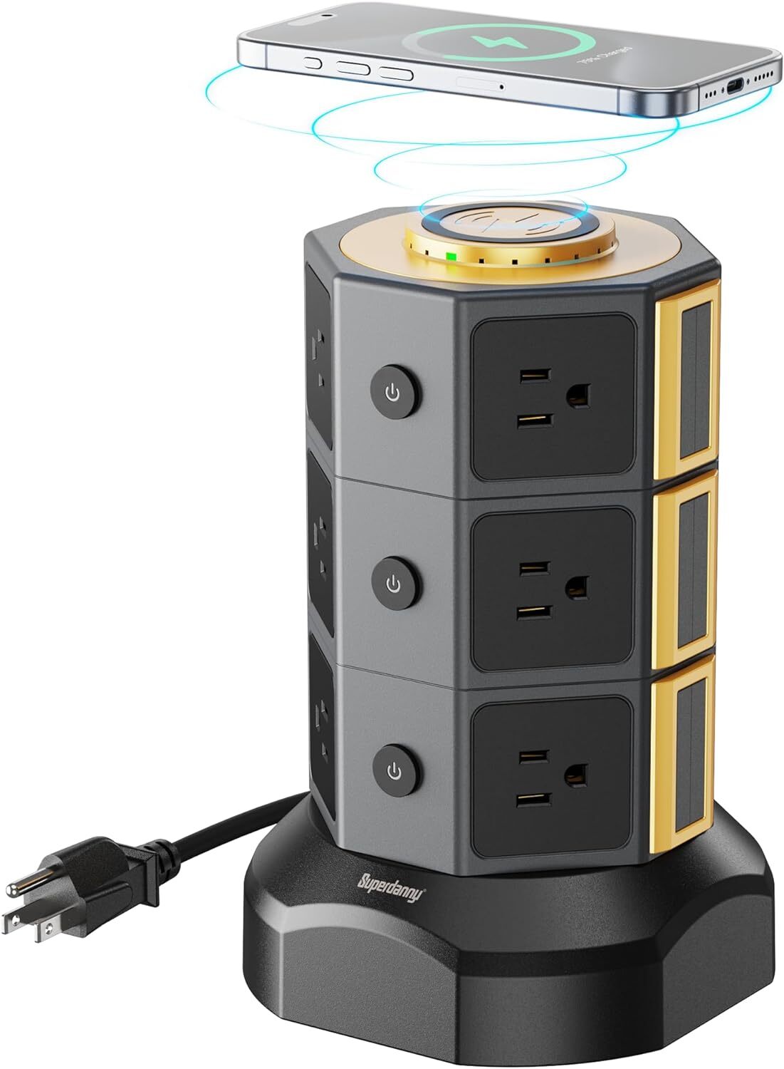 Power Strip Tower, SUPERDANNY Surge Protector Tower with 15W Wireless Gold