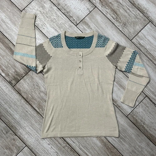 Woolrich Henley Pullover Sweater Women’s Size Medium Cotton Acrylic Beige Teal