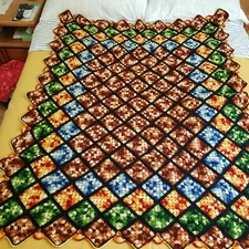 Vintage Granny Square Throw Crochet Hand Made 47 x 59 Brown Blue Afghan