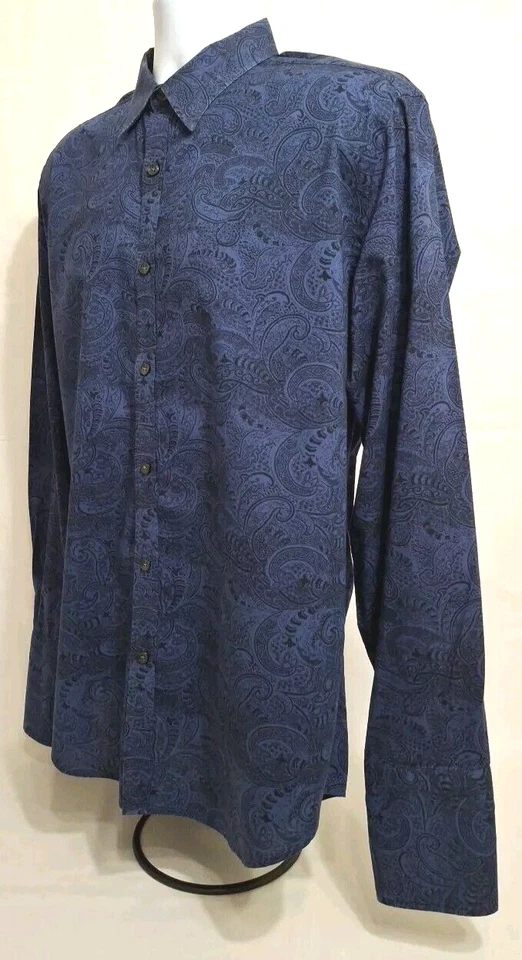 Camisa Perry Ellis Para Hombres Manga Larga Estilo Gemelos Abotonada Talla L Azul Negra Foto 4 de 4
