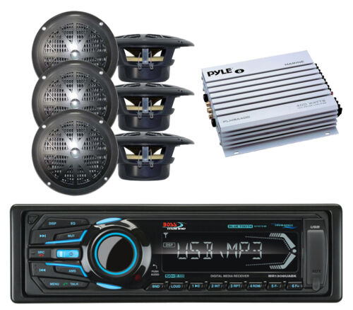 6 Black 4" Speakers, 400W Amplifier & BOSS Marine Bluetooth USB AUX AM FM Radio - Afbeelding 1 van 2