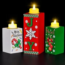 BlcTec Christmas Decorations Indoor, 3 PCS Christmas Wood Candle Holders with...