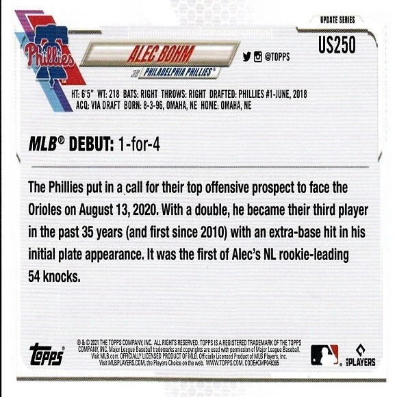 Alec Bohm(Philadelphia Phillies)2021 Topps Update Series Rookie Debut Card US250 - Image 2 of 2