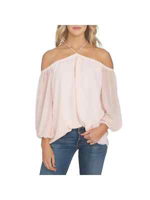 1.STATE Off-The-Shoulder Halter Neck Blouse Women's S Pink Taffeta Long Sleeve
