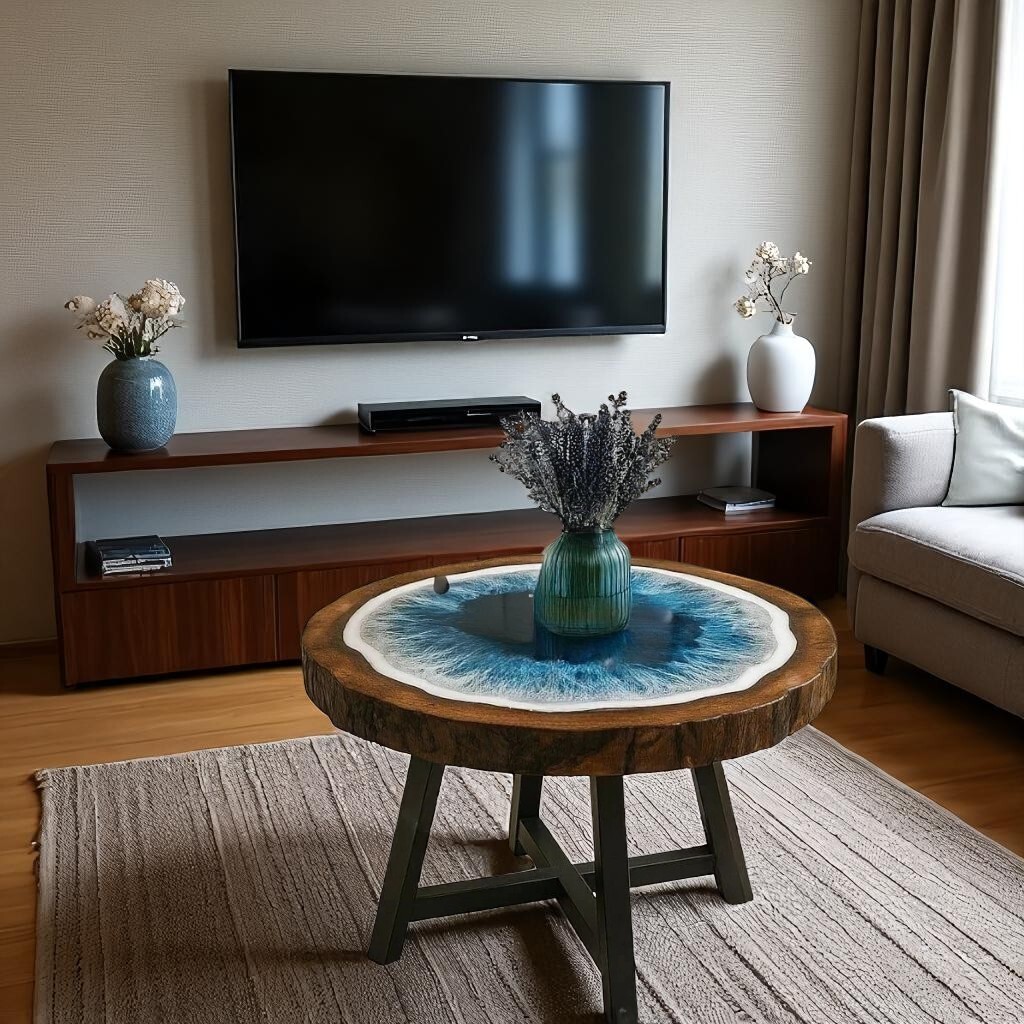 24 Inch Blue River Epoxy Wood Tabletop Handmade Resin Art for Interior Decor-image