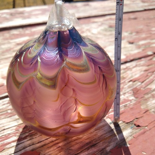 Lámpara de aceite de vidrio de arte púrpura soplado a mano reflejos dorados iridiscentes nunca usada 3,5" - Imagen 4 de 6