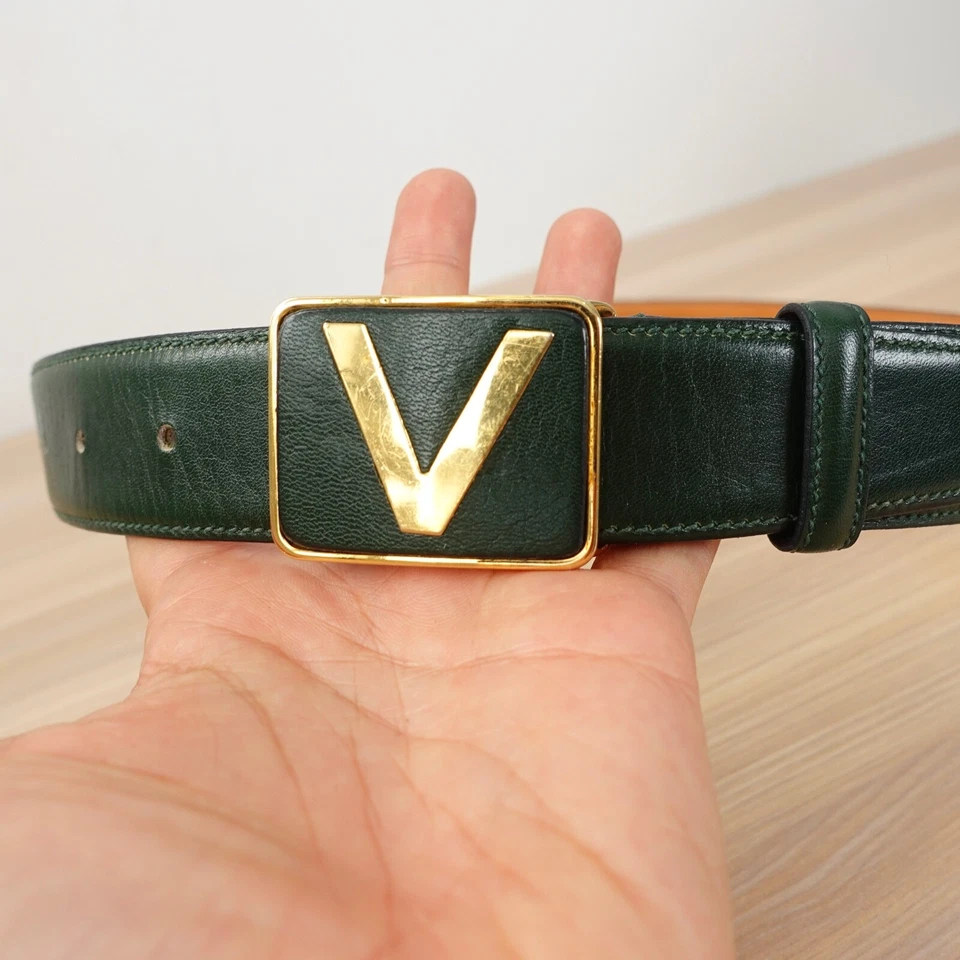 Cinturón VALENTINO Cuero Logo V Hebilla Dorada Monograma Medio Verde Lujo 80 32 Foto 3 de 4