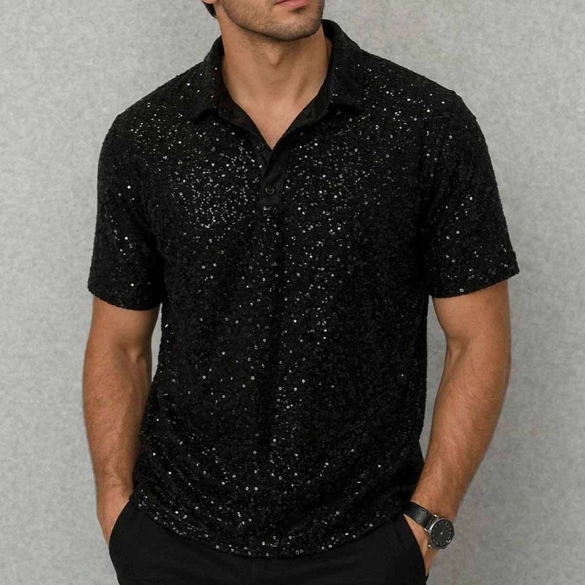 mens glitter dress shirts Glitter Shirts for Men's Shiny Tops Short Sleeve Disco Metallic Polo main image 1