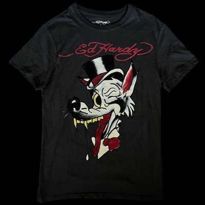Ed Hardy black Wolf Head Rhinestone Tee 