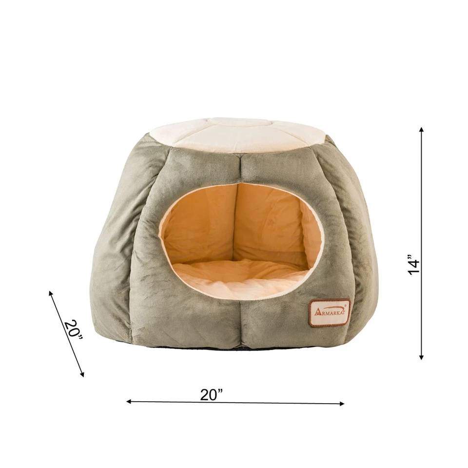 Cat Bed, Laurel Green & Beige, Soft Velvet, Waterproof, 20"x20"x14", Washable - Image 3 of 4